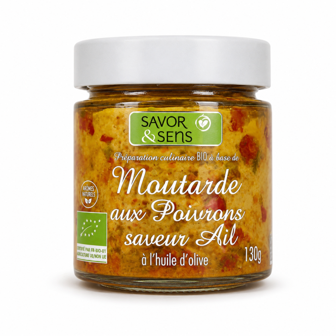 Moutarde bio poivrons ail Savor & Sens 130g – condiment bio original