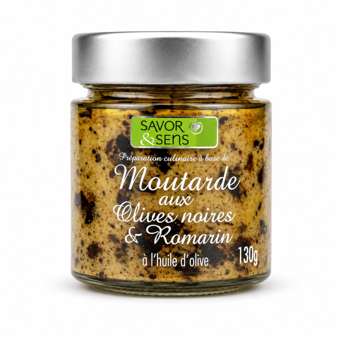 Moutarde olives noires romarin Savor & Sens 130g – condiment méditerranéen