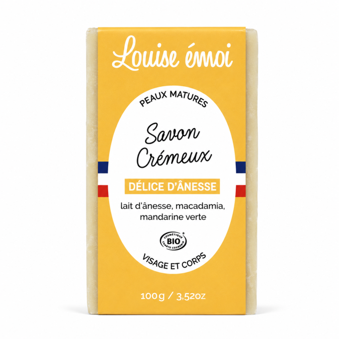 Savon Crémeux Bio Délice d’Ânesse Louise Émoi 100 g – Lait d’Ânesse et Macadamia